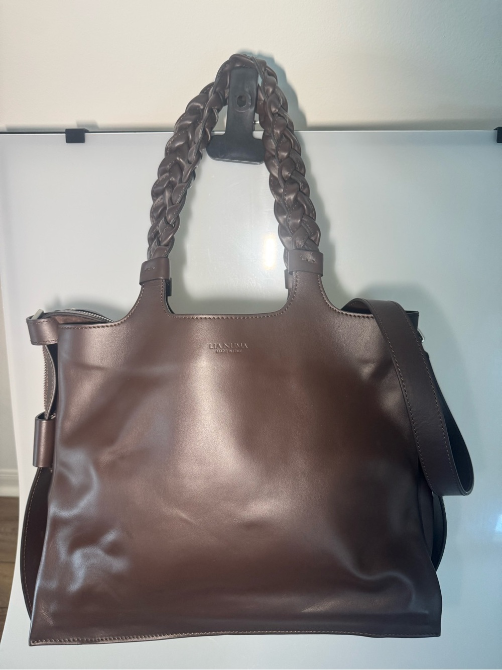 Braided-Handle Shoulder Tote Bag in Dark Brown